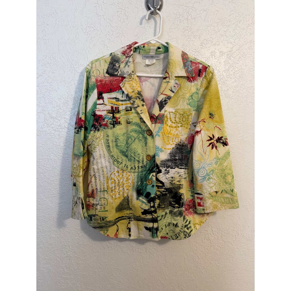 Sharon Young 2 Piece Set Jacket and Top Collage Print Green Yellow Red Large 10 - Picture 3 of 11